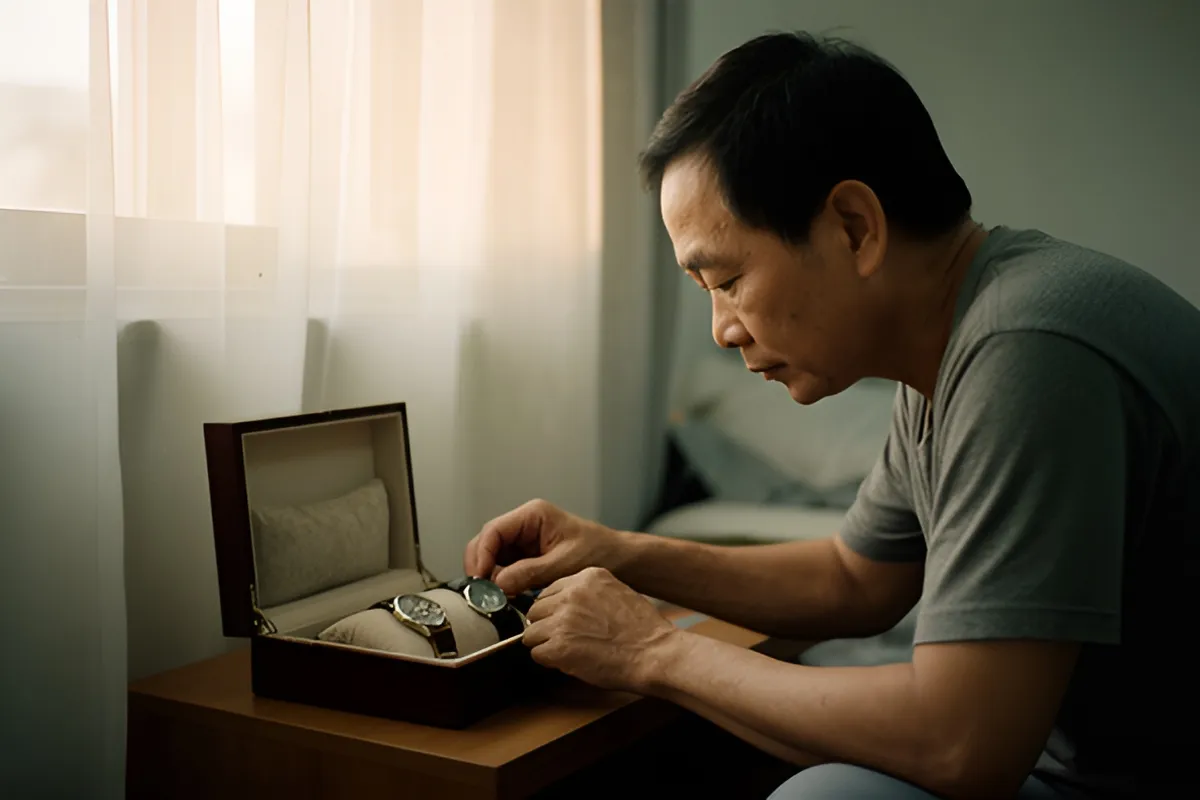 Một người đàn ông châu Á quỳ bên bàn gỗ, cúi tay đặt đồng hồ vào hộp lót nệm mở nắp, sau lưng là cửa sổ rèm mỏng sáng chiều