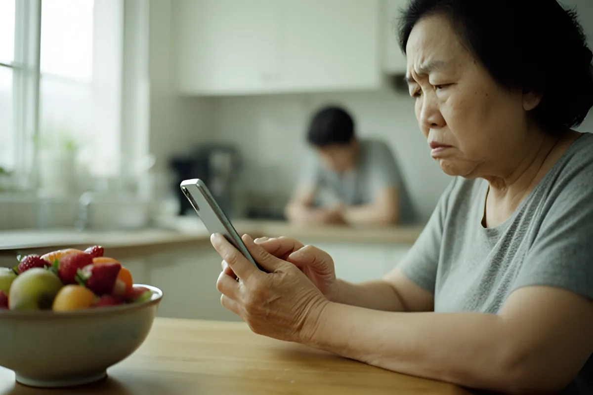 Bà lớn tuổi ngồi bên bàn gỗ trong bếp, hai tay cầm điện thoại nhìn xuống, trước mặt có bát trái cây, ánh sáng dịu