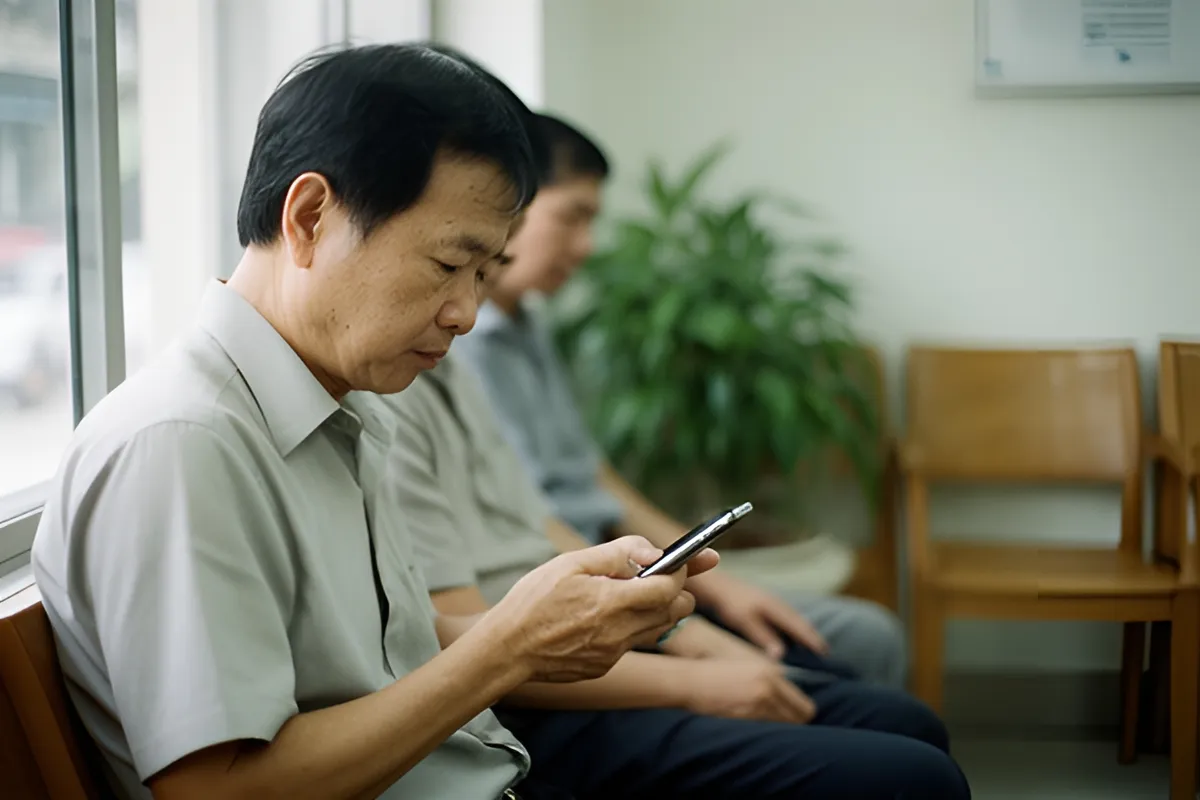 Ba người ngồi phòng chờ, người đàn ông gần nhất cầm điện thoại nhìn xuống, ghế gỗ và cây xanh sau, ánh sáng cửa sổ