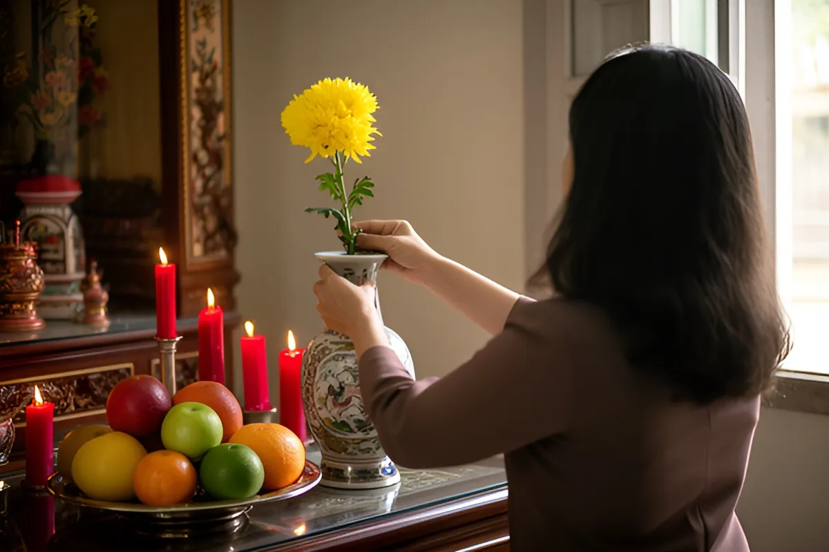 Một người phụ nữ tóc dài quay lưng lại, đang cắm một cành hoa vàng vào bình gốm trên bàn thờ có mâm quả và nến đỏ