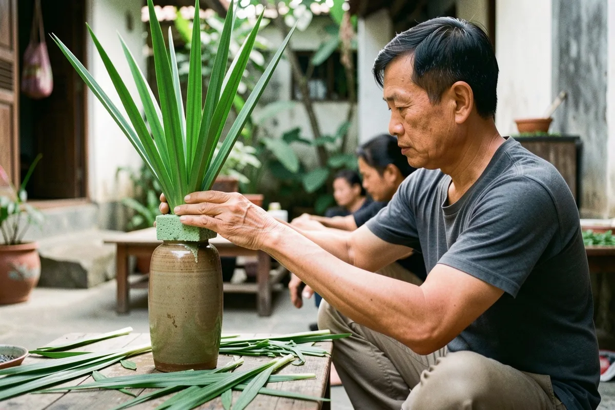 Một người đàn ông ngồi bên bàn gỗ thấp trong sân nhà, tay chạm khối xốp xanh cắm đầy lá nhọn, lá cắt vương trên bàn