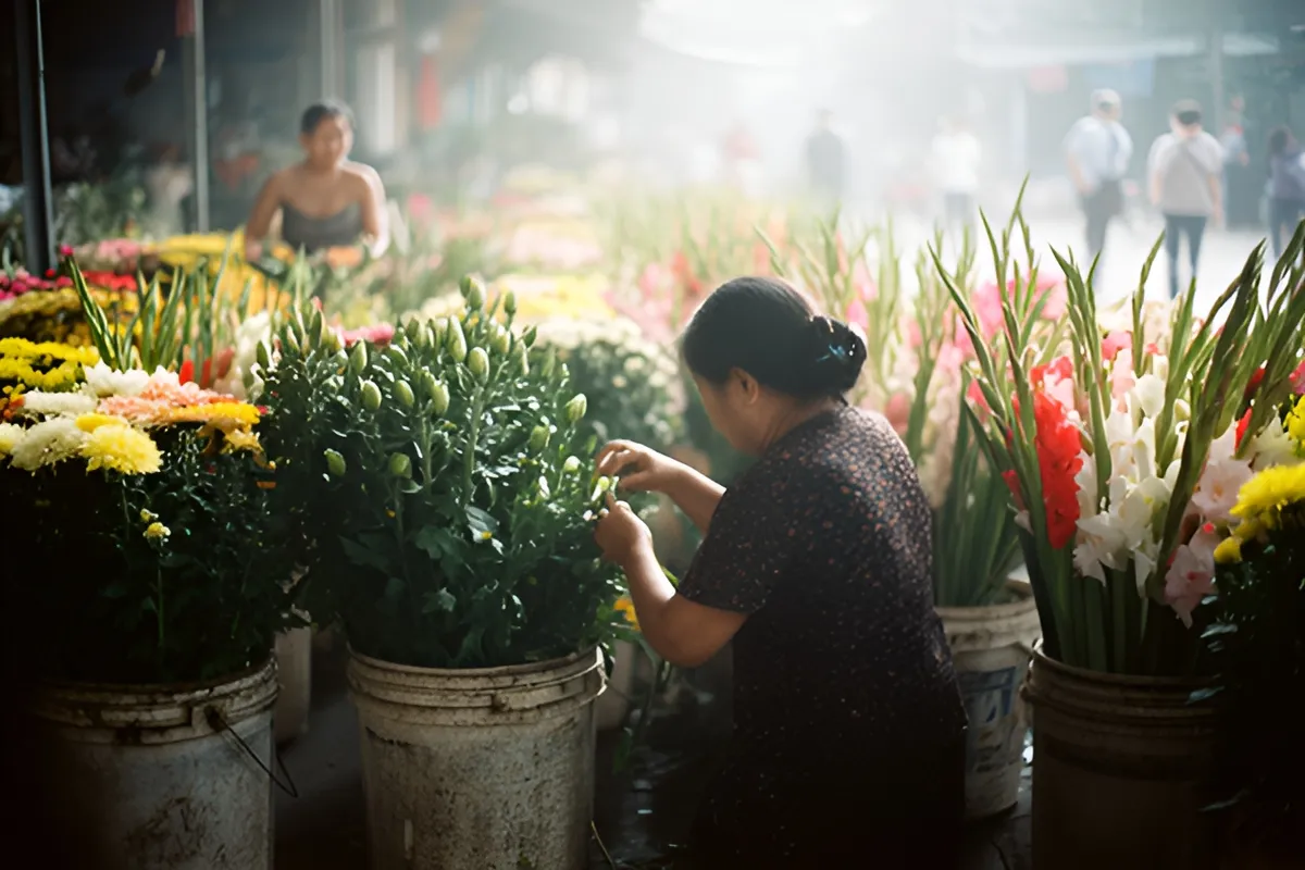 Một phụ nữ cúi xuống chọn hoa trong các xô hoa rực rỡ tại chợ