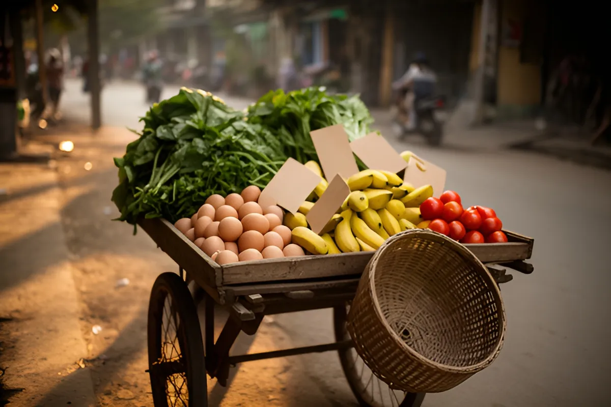 Xe hàng gỗ đầy rau xanh, trứng, chuối và cà chua chở trên đường phố, giỏ mây treo bên cạnh, ánh chiều vàng ấm