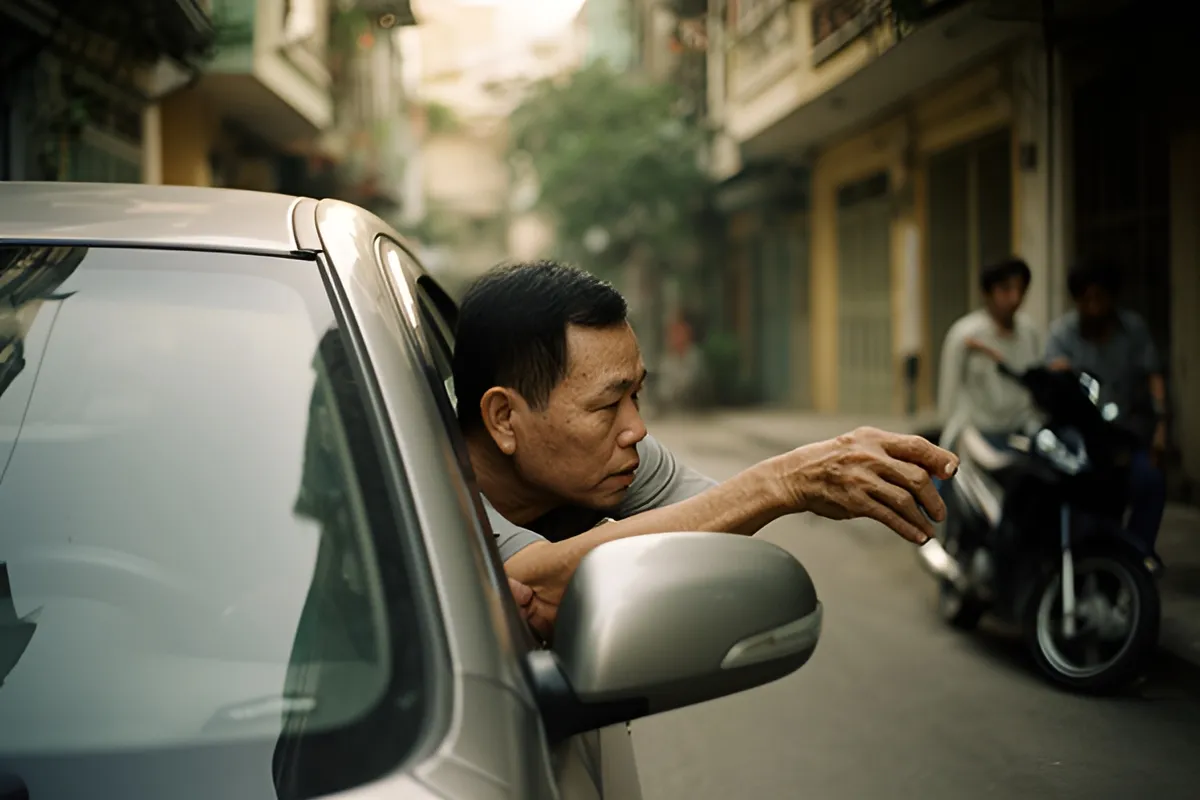 Một người đàn ông ngồi trong xe hơi, thò đầu và tay qua cửa sổ phía người lái, tay đưa về phía gương chiếu hậu
