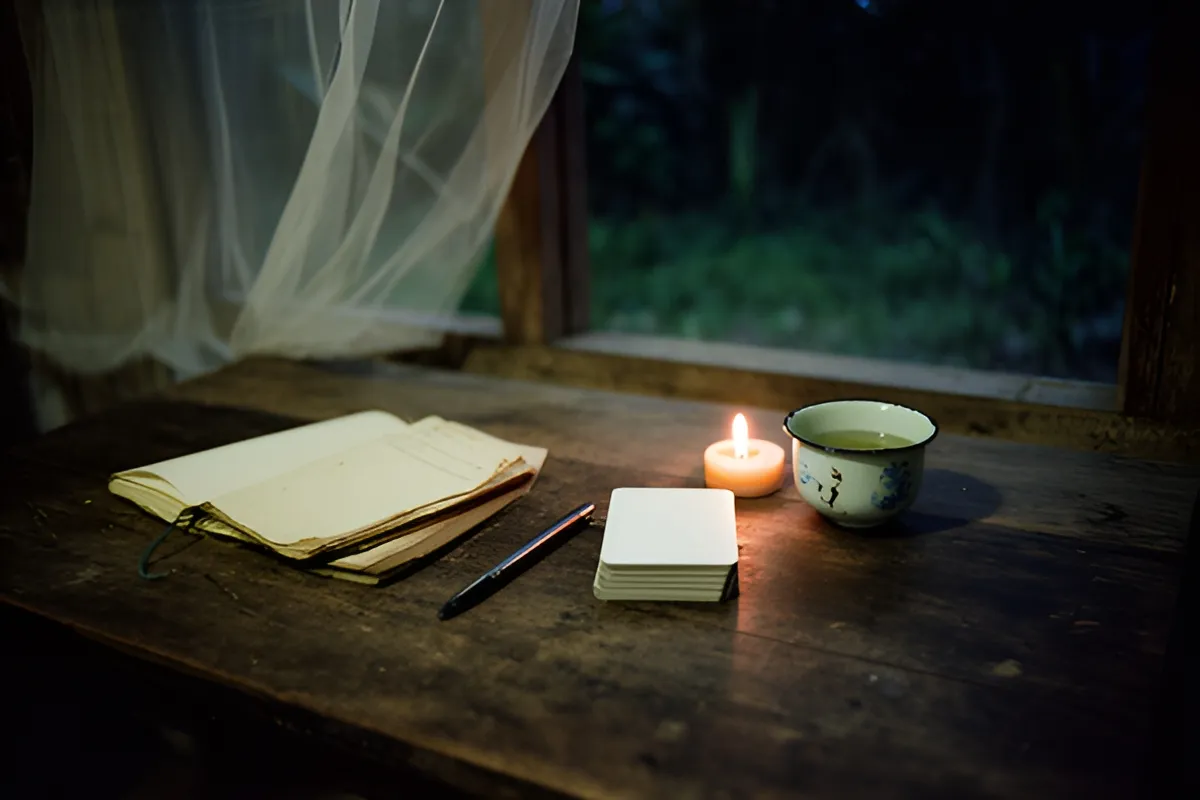 Bàn gỗ cũ bên cửa sổ có cuốn sổ mở, cây bút, chồng thẻ trắng, ngọn nến cháy và chiếc cốc sứ men, ánh sáng ấm dịu