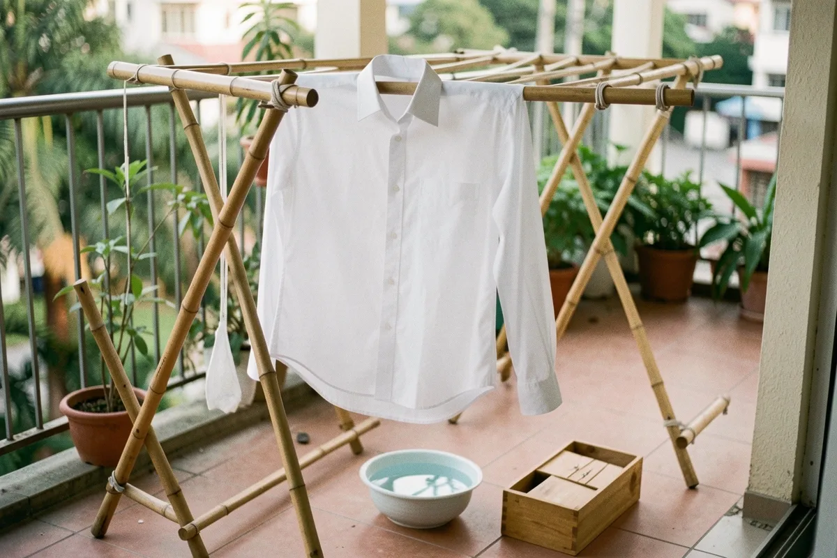 Áo sơ mi trắng treo trên giá phơi tre ở ban công, bên dưới có chậu nước và hộp gỗ, ánh chiều dịu
