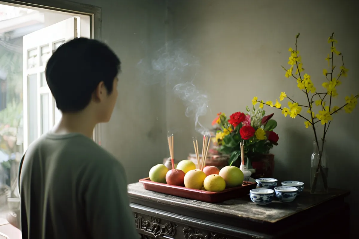 Một người đàn ông trẻ đứng quay lưng trước bàn thờ gỗ có mâm quả năm loại trái cây, nhang đang cháy
