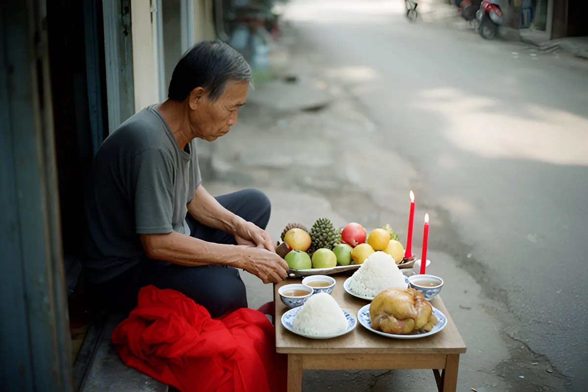 Một người đàn ông lớn tuổi ngồi bên cửa tiệm, bày mâm quả, xôi