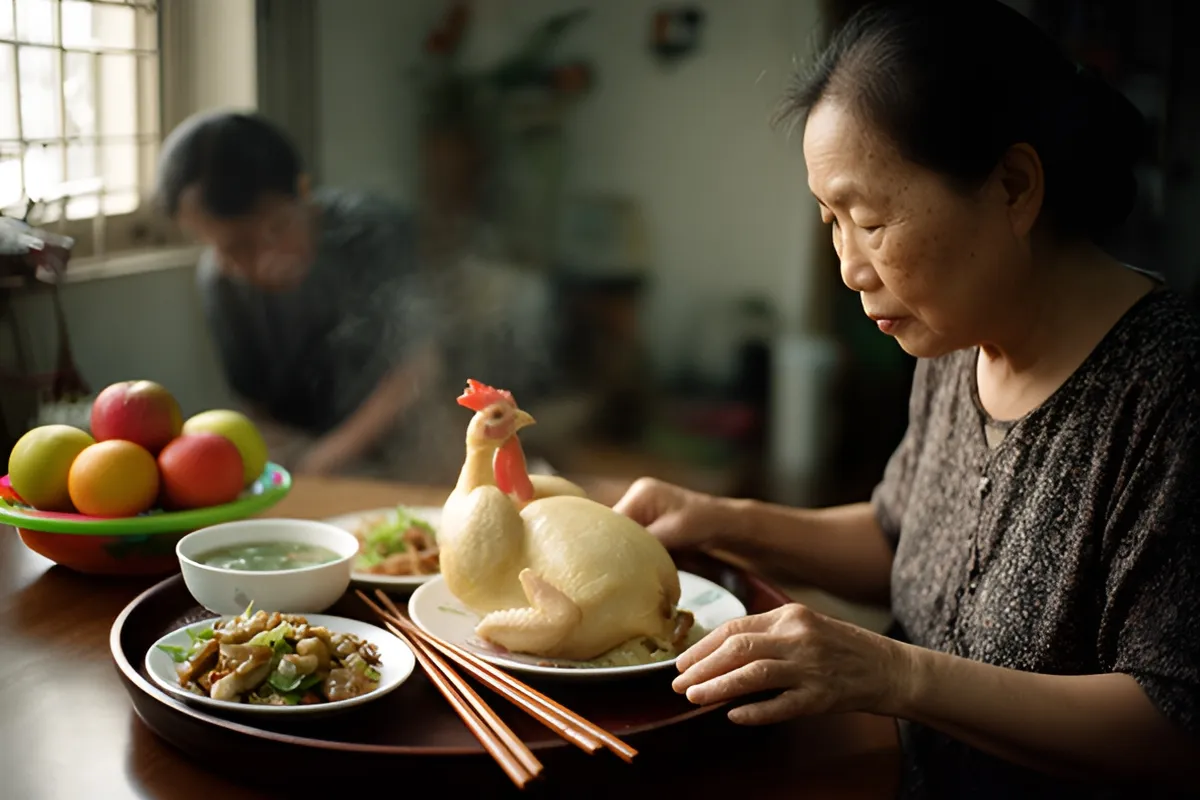 Một bà lớn tuổi cẩn thận bày mâm cỗ với gà luộc nguyên, các đĩa món, bát canh và đũa; bên cạnh có đĩa trái cây