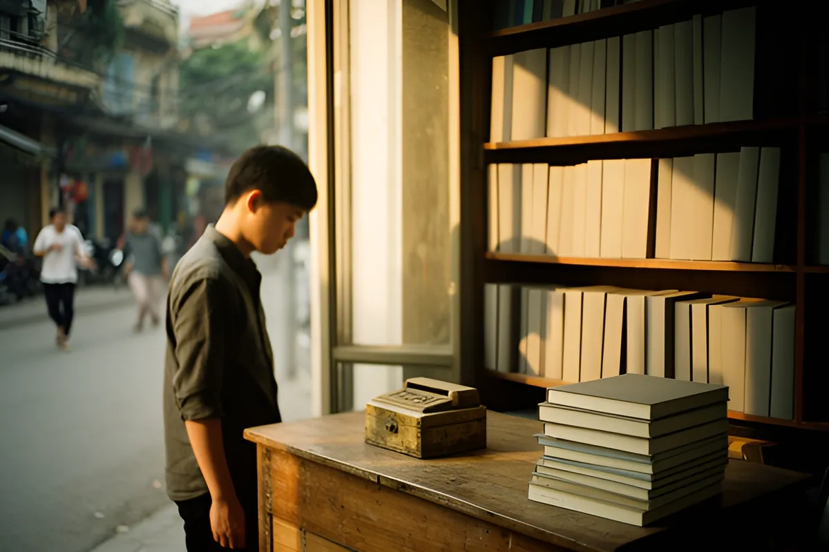 Một nam thanh niên đứng cúi nhìn bên quầy gỗ của tiệm sách, trên quầy có hộp kim loại cũ và một chồng sách