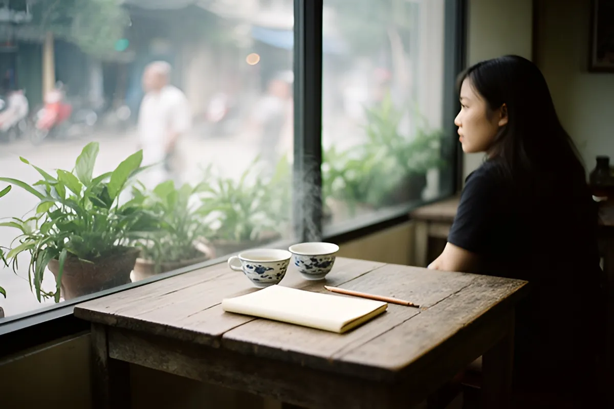Một người phụ nữ ngồi nhìn ra cửa sổ quán trà, trên bàn gỗ có hai tách trà, một cuốn sổ và một cây bút, ánh sáng ban ngày dịu