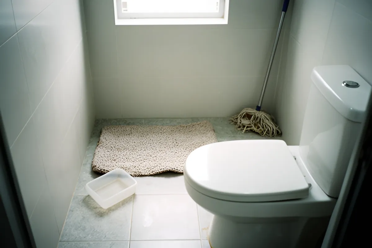 Một nhà vệ sinh nhỏ lát gạch trắng với bồn cầu đóng nắp, một thảm bông trải trên sàn