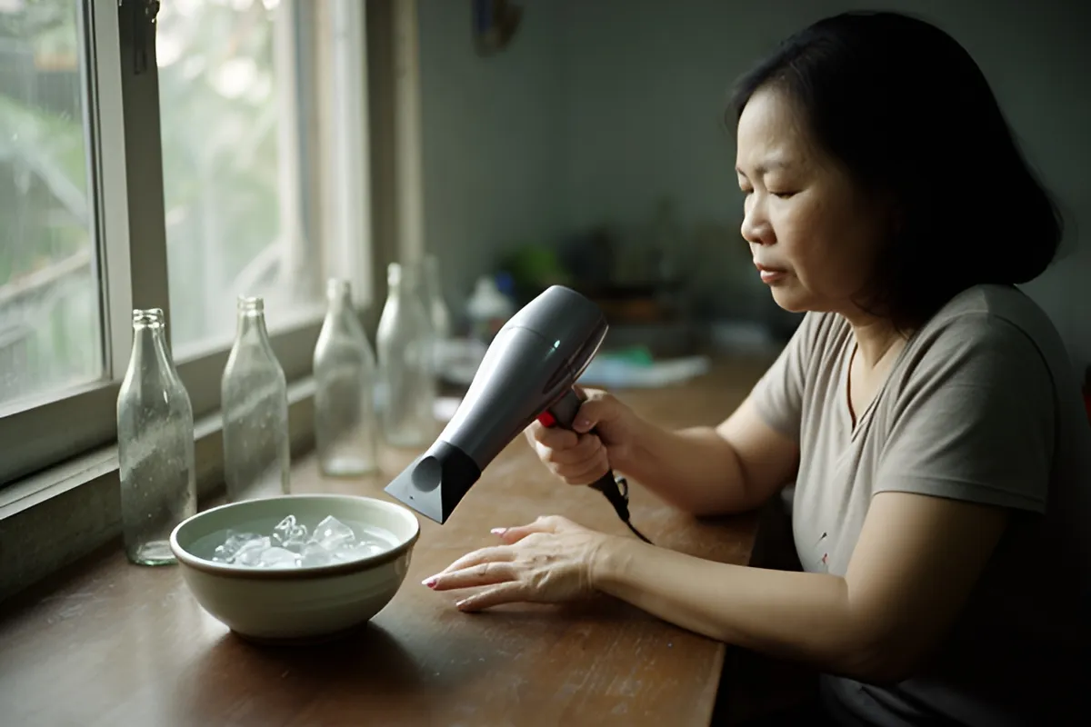 Một phụ nữ trung niên ngồi bên bàn gỗ cạnh cửa sổ, tay cầm máy sấy tóc, tay kia đặt trên bàn