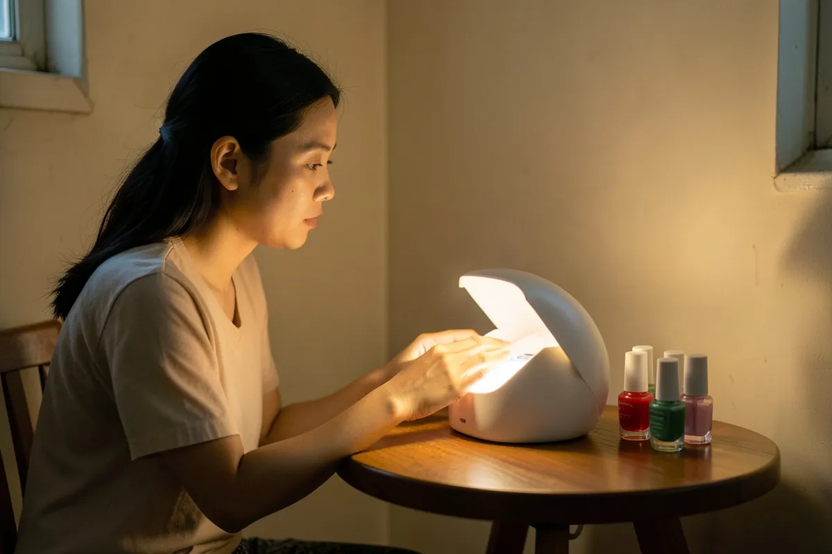 Một phụ nữ ngồi bên bàn tròn nhỏ, đưa tay vào chiếc đèn sấy móng phát sáng, cạnh đó vài lọ sơn móng màu