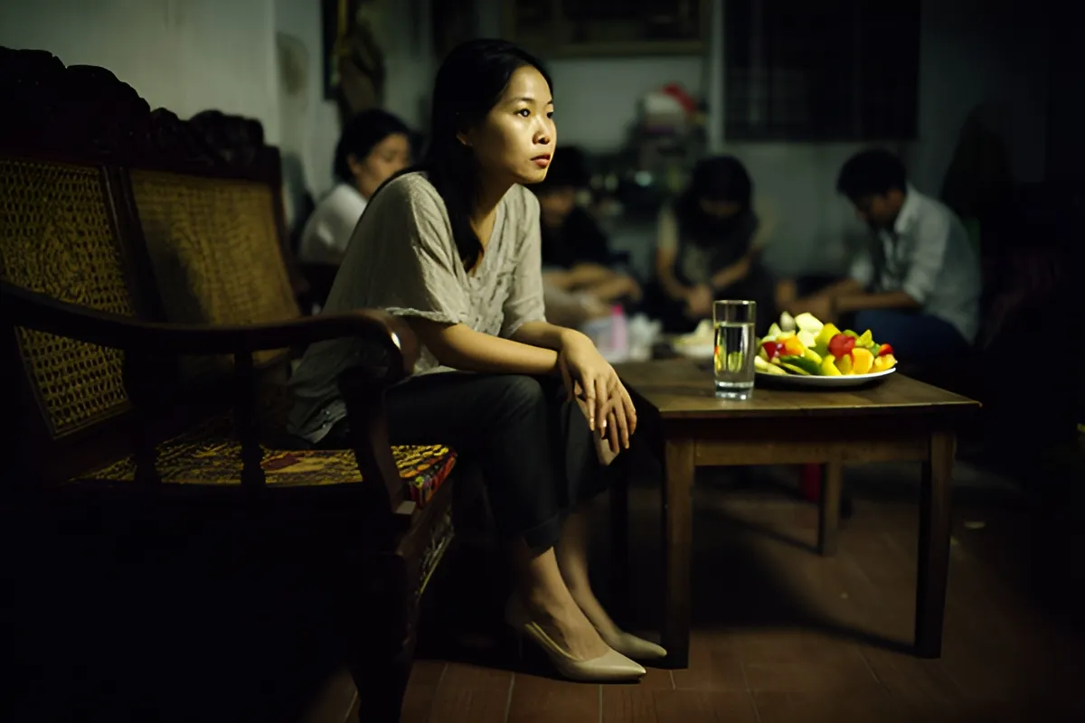 Một phụ nữ trẻ ngồi trên ghế bành gỗ trong nhà lúc tối, chân đi giày cao gót, bàn tay đặt trên gối