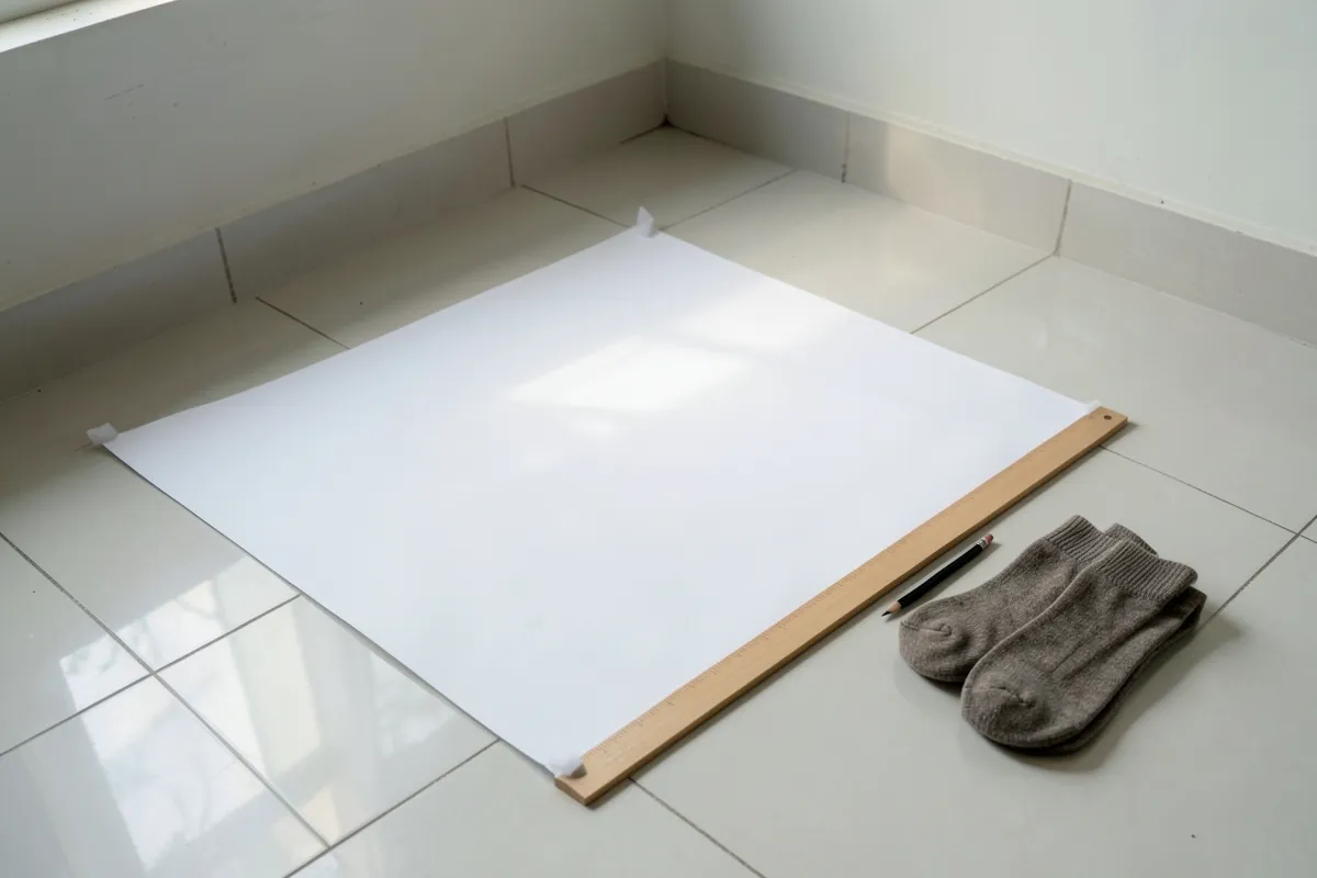 Góc nhà có sàn gạch sáng bóng, một tờ giấy trắng lớn được chèn cố định, cạnh đó là thước gỗ