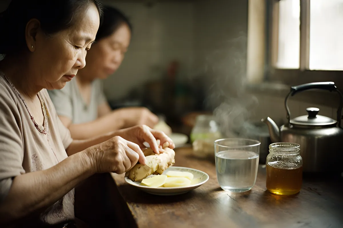 Người phụ nữ Việt cạo vỏ nhánh gừng tươi, thái lát mỏng chuẩn bị pha trà gừng mật ong trong bếp nhà