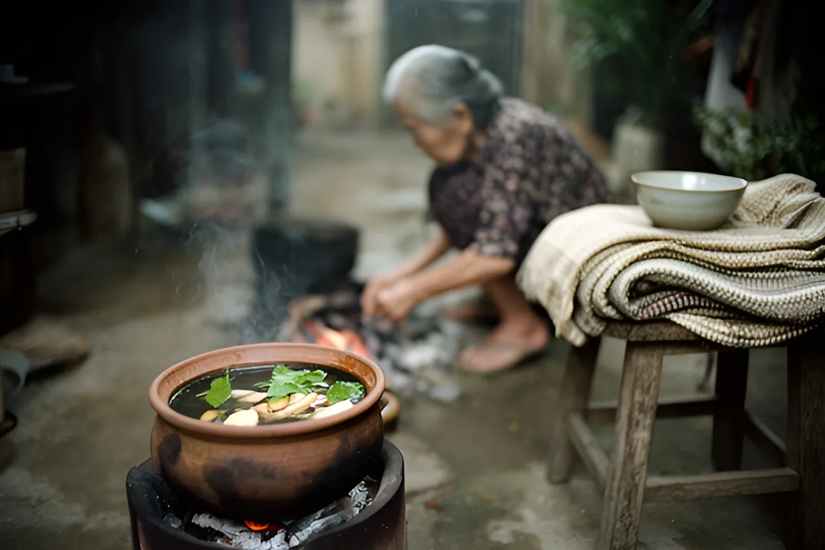 Một bà cụ tóc bạc ngồi chồm hổm nhóm lửa than trong sân nhà, phía trước là nồi đất nấu nước xông nghi ngút khói