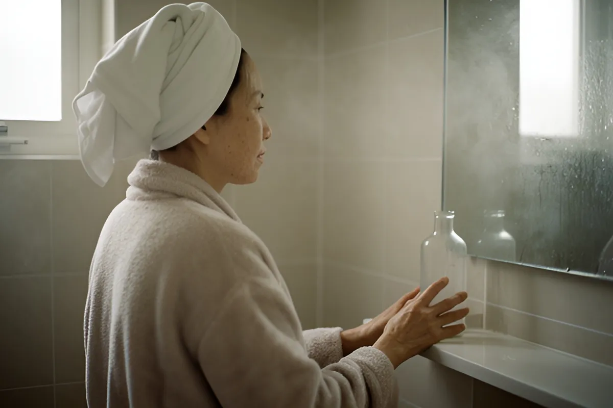 Một người phụ nữ quấn khăn trên đầu, mặc áo choàng, đứng trong phòng tắm có gương mờ hơi nước