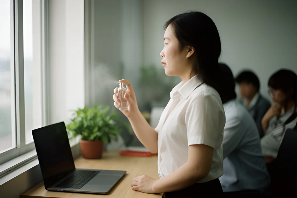 Một phụ nữ áo trắng đứng cạnh bàn làm việc gần cửa sổ, tay cầm chai xịt phun nhẹ, trên bàn có máy tính xách tay và chậu cây