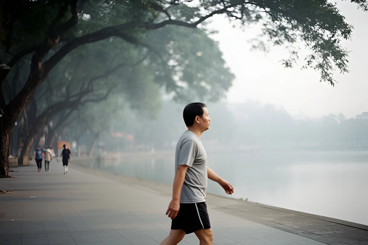 Một người đàn ông mặc áo xám quần đen đi bộ trên lối đi bên hồ, hàng cây phía trái, sương sớm mờ, vài người xa xa