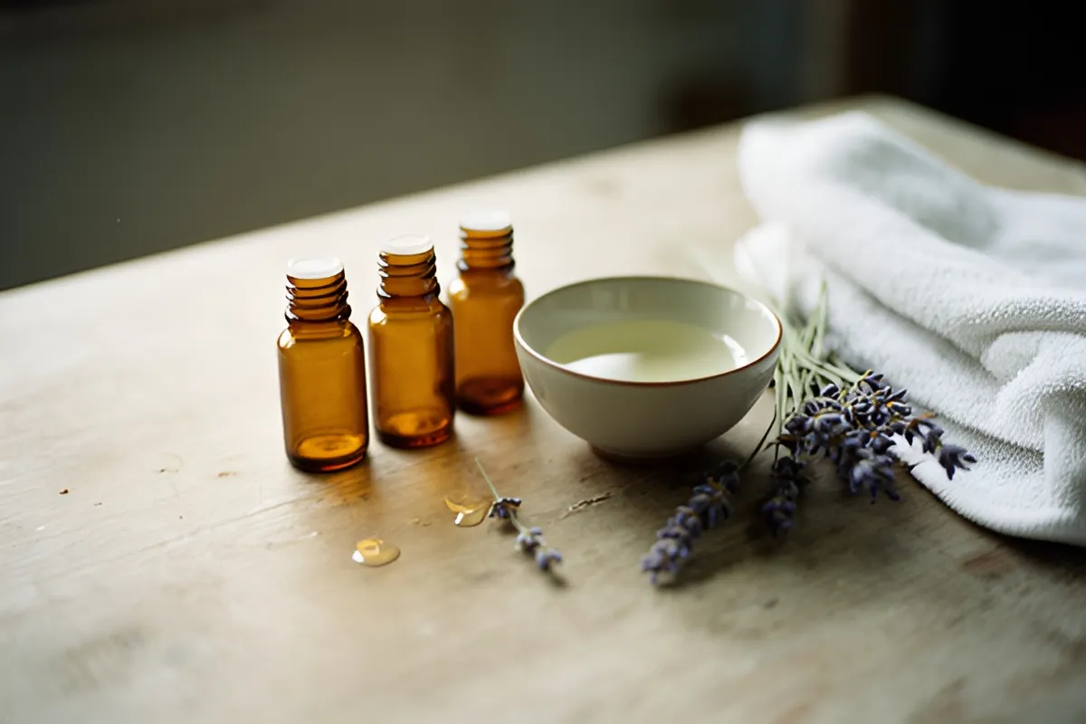 Ba lọ thủy tinh màu hổ phách nhỏ, một bát sứ đựng dầu và vài nhánh hoa oải hương nằm trên bàn gỗ sáng cạnh khăn trắng