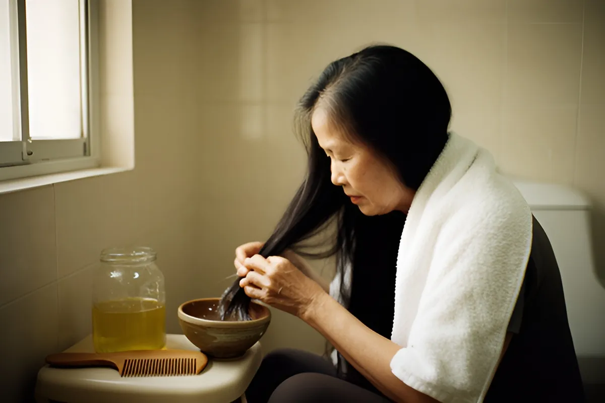 Một người phụ nữ tóc đen dài ngồi nghiêng đầu, tay chạm vào tóc trước một bát nhỏ