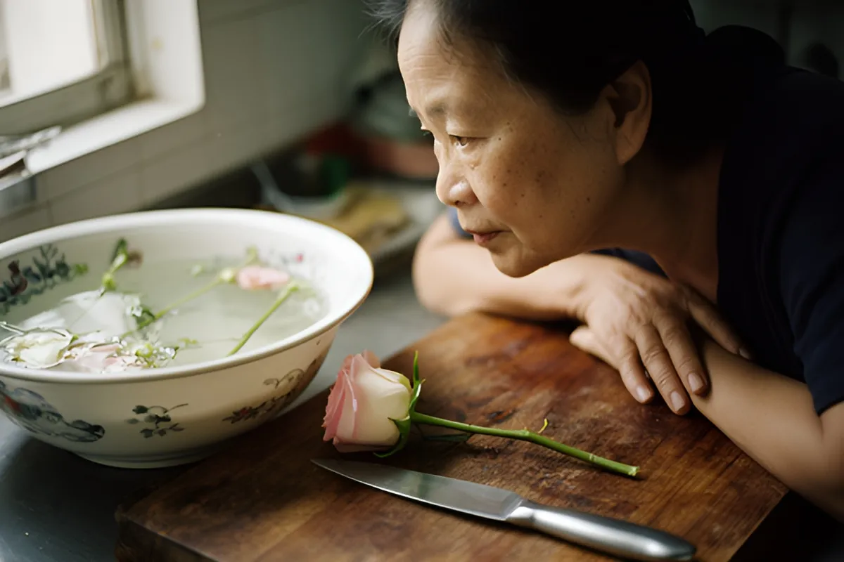 Một người phụ nữ lớn tuổi tựa tay nhìn chậu nước có cành hoa ngâm, cạnh thớt gỗ có hoa hồng và con dao, sáng nhẹ