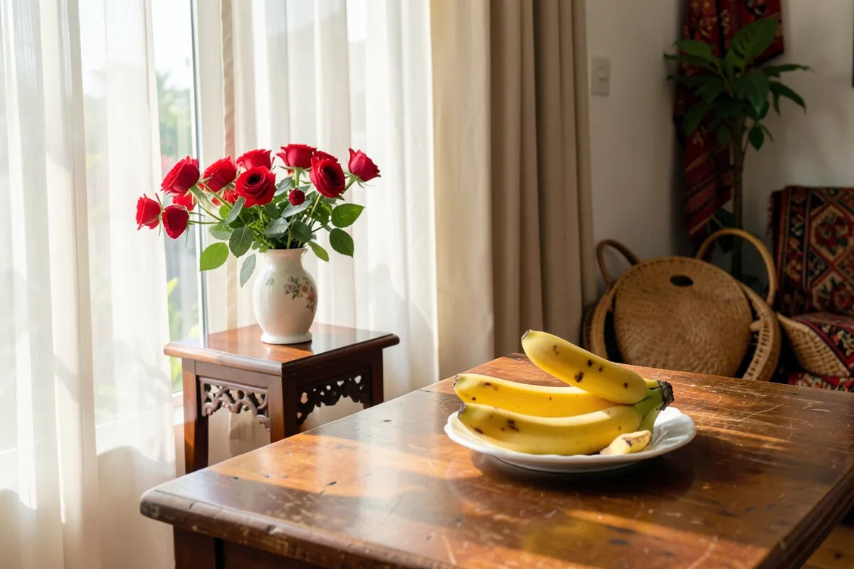 Phòng khách sáng ngày nắng, bàn gỗ cũ đặt đĩa chuối chín, cạnh cửa sổ có bàn nhỏ với bình hoa hồng đỏ