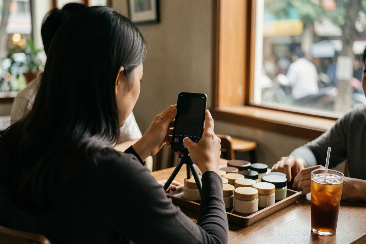 Người phụ nữ tóc đen ngồi quay điện thoại trên chân máy ba chân, trước mặt là khay hũ kem và ly trà đá dưới ánh sáng cửa sổ