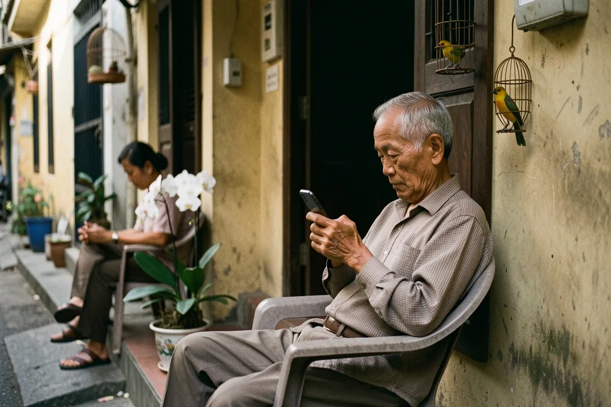 Một ông lão tóc bạc ngồi ghế nhựa đọc điện thoại, bên cạnh có hai lồng chim và chậu lan trắng, ánh chiều vàng hắt vào