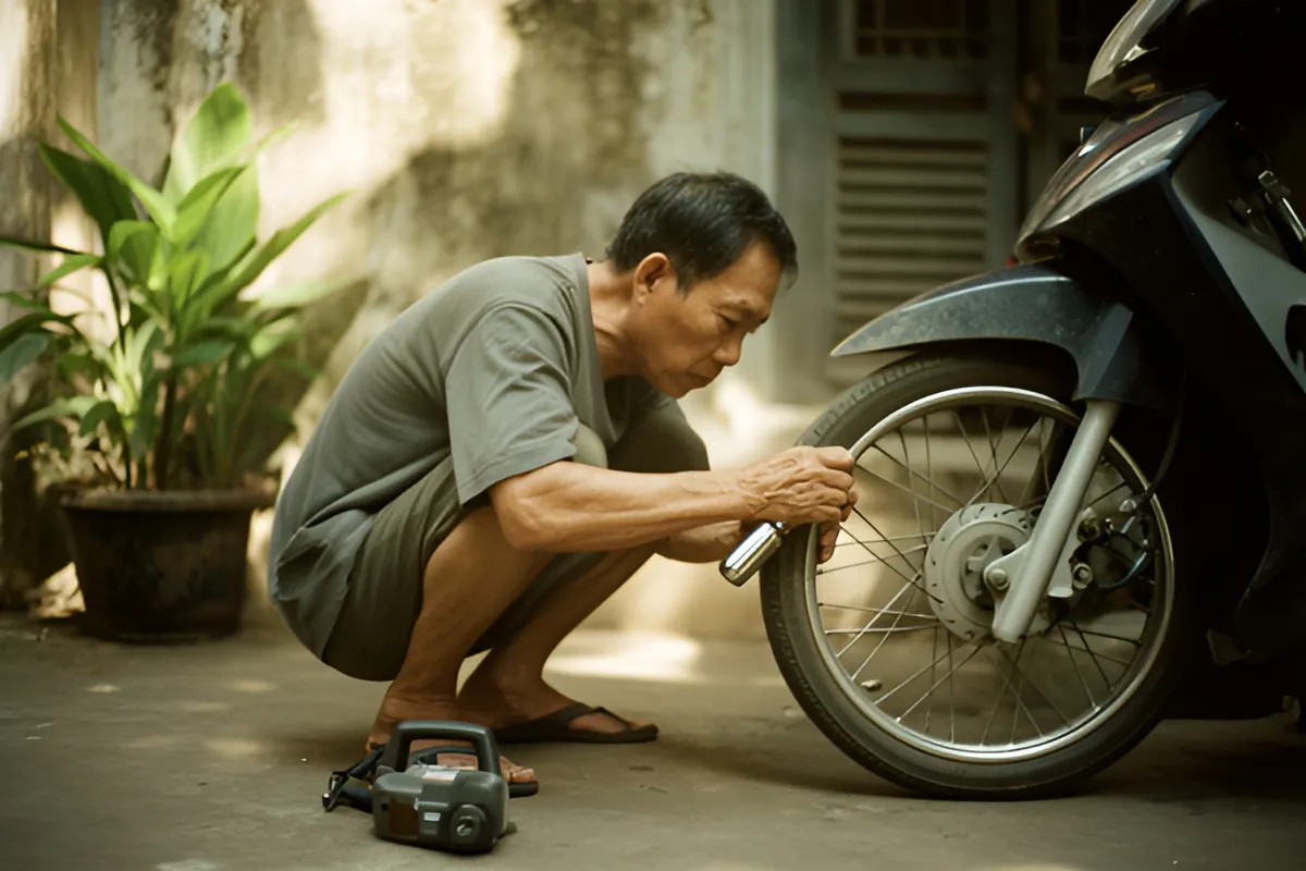 Một người đàn ông trung niên mặc áo xám xắn tay ngồi xổm bên chiếc xe máy, tay cầm một dụng cụ kim loại nhỏ gần bánh trước