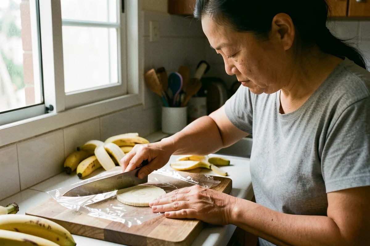 Một phụ nữ áo xám đứng bên bàn bếp, dùng mặt dao ép khối trắng trên màng bọc trong thớt gỗ, chuối vàng đặt gần cửa sổ sáng
