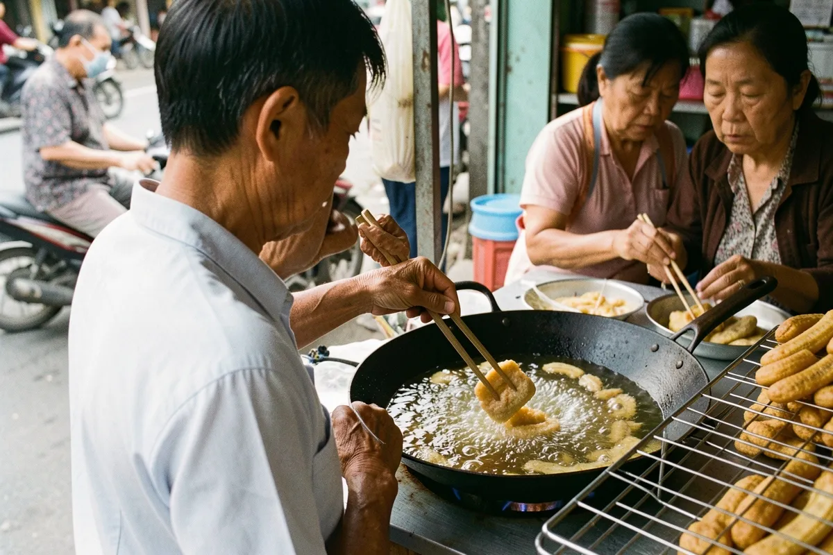 Người đàn ông lớn tuổi quay lưng, dùng đũa gắp miếng chuối chiên trong chảo dầu, bên cạnh hai bà cụ và giá chuối vàng