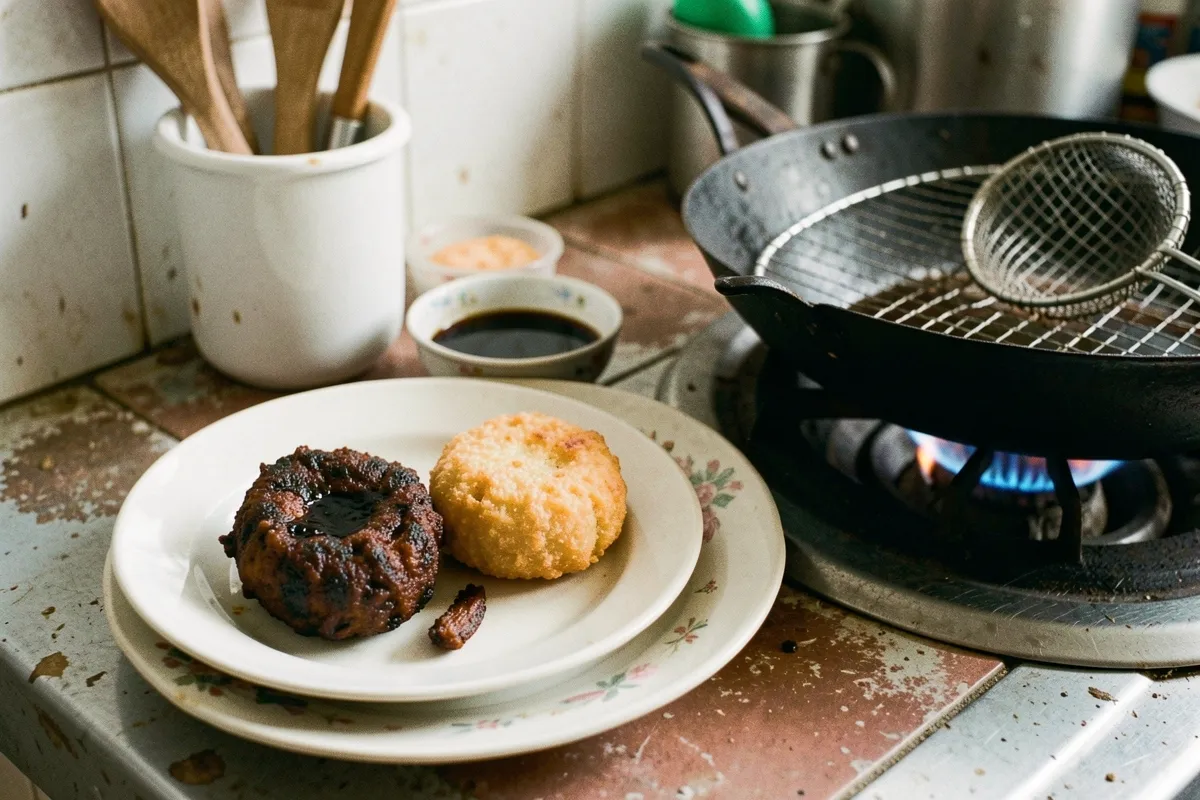 Hai chiếc bánh chiên, một màu sẫm một màu vàng, đặt trên đĩa trắng cạnh chảo có lửa xanh và bát nước sẫm trên mặt bàn bếp cũ