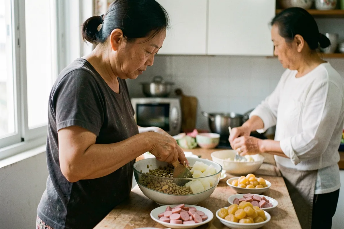 Hai người phụ nữ đứng bên bàn gỗ, trộn nguyên liệu trong tô lớn, các đĩa nhỏ xếp quanh, ánh sáng từ cửa sổ chiếu vào