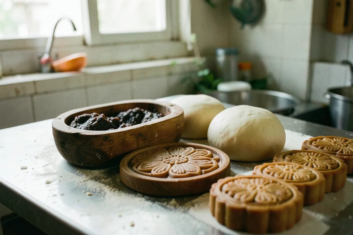 Bát gỗ đựng nhân sẫm, khuôn khắc hoa, hai viên bột tròn và hàng bánh in chưa nướng trên bàn kim loại rắc bột, sáng cửa sổ