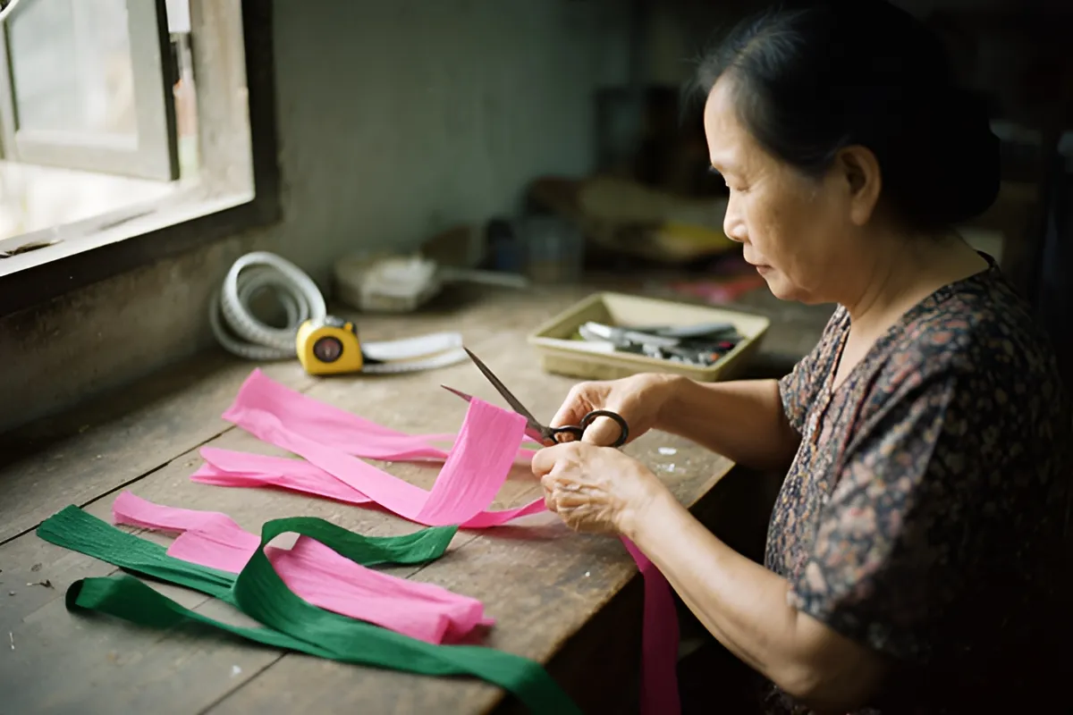Một phụ nữ lớn tuổi ngồi bên bàn gỗ, dùng kéo cắt dải giấy hồng, vài dải giấy hồng và xanh nằm trên bàn
