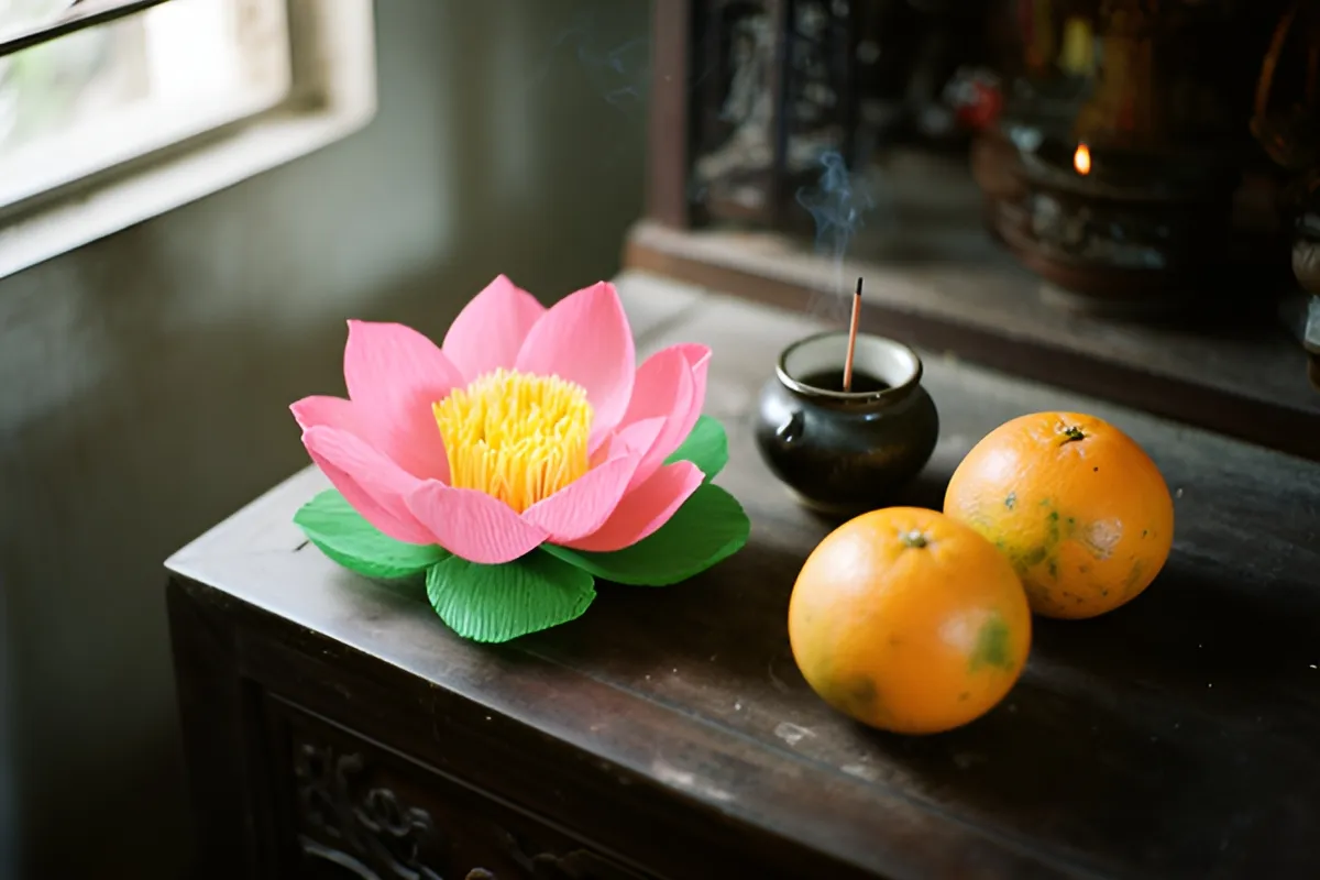 Bàn thờ gỗ tối màu đặt một hoa giấy hồng cánh dày với nhụy vàng, lọ nhang đang khói và hai quả cam chín