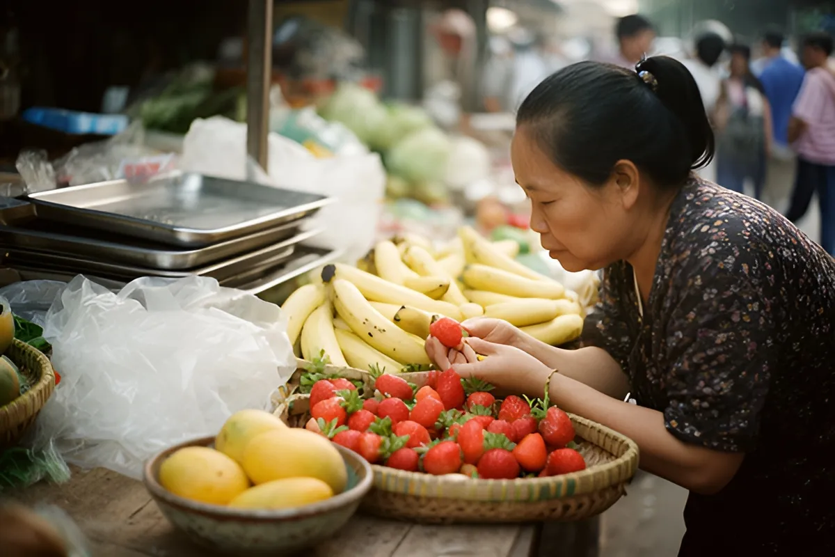 Một phụ nữ trung niên cúi xuống ngắm quả dâu trong giỏ ở quầy trái cây chợ, xung quanh có chuối, xoài và khay kim loại