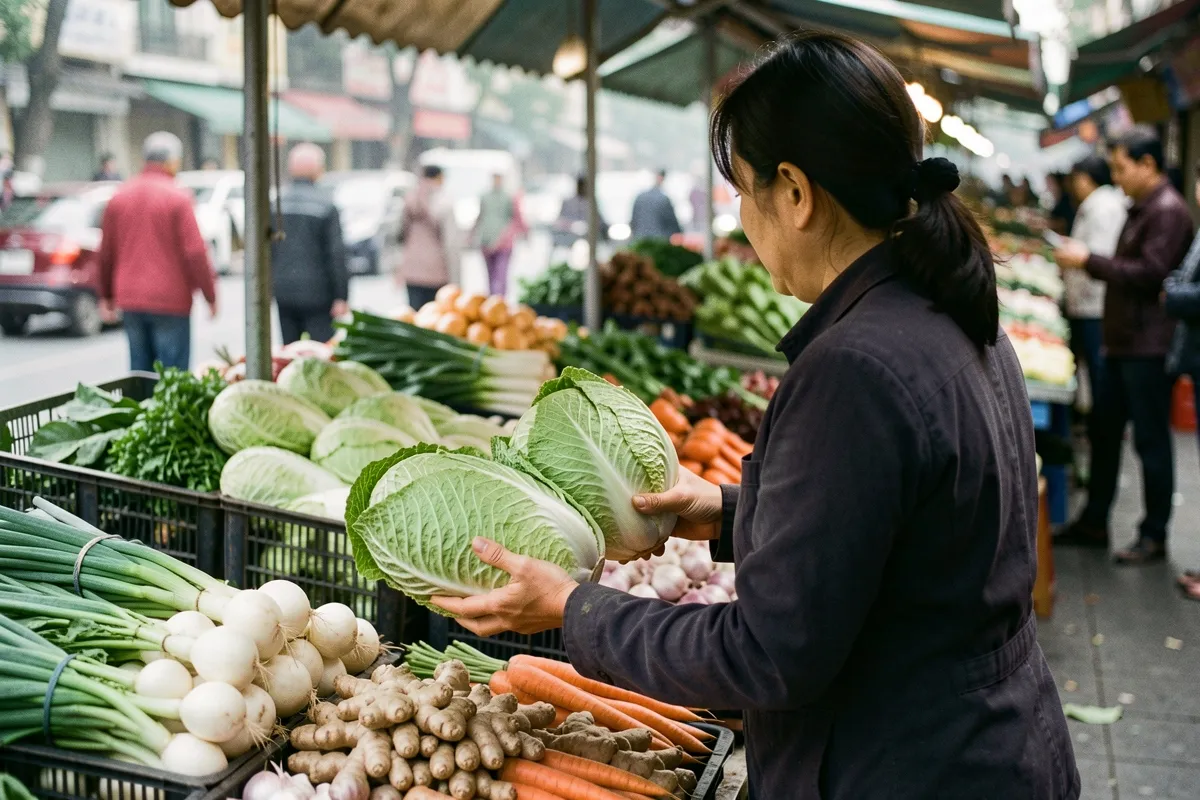 Một người phụ nữ đứng quay lưng chọn hai bắp cải xanh trên sạp rau có củ cải trắng, cà rốt và hành lá dưới ánh sáng ban ngày