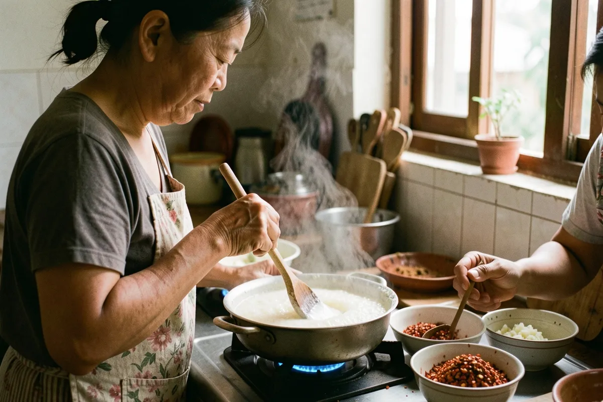 Một người phụ nữ lớn tuổi đứng bên bếp khuấy nồi bột trắng bốc khói, bên cạnh có người khác cầm muôi hớt ớt băm trong bát