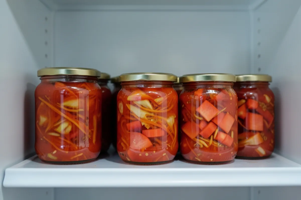 Nhiều hũ thủy tinh đậy nắp vàng chứa kimchi đỏ xếp gọn trên kệ trắng trong tủ lạnh, ánh sáng mát