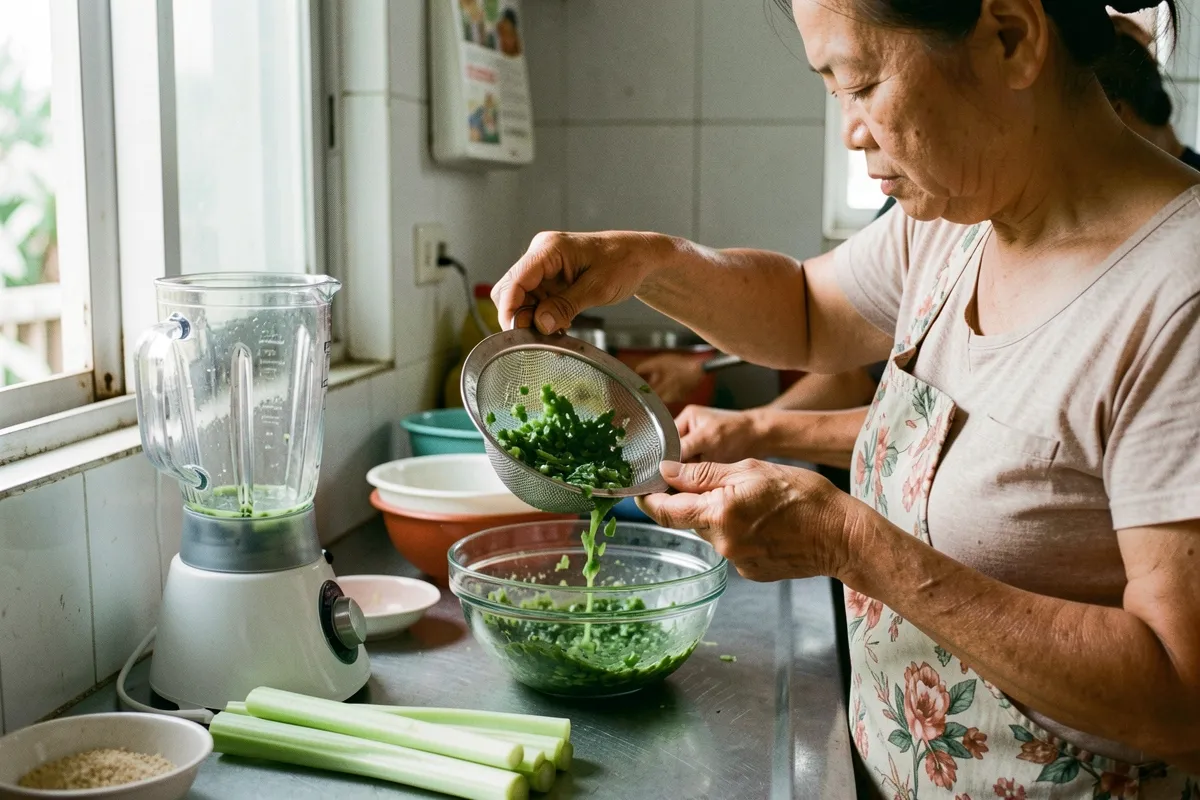 Một phụ nữ lớn tuổi đứng bên cạnh, dùng rây lọc đổ hỗn hợp rau xanh vào tô thủy tinh, bên cạnh có máy xay và vài cọng rau