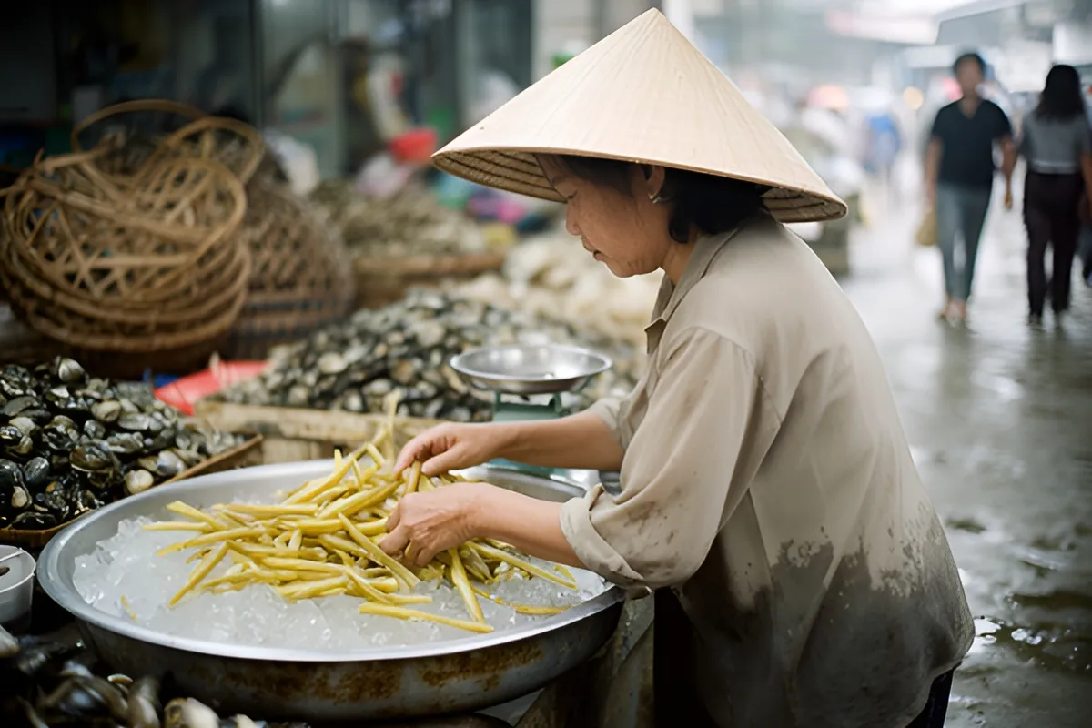 Một phụ nữ đội nón lá đứng nghiêng bên khay kim loại đầy ốc và đá, tay đang nhặt hải sản