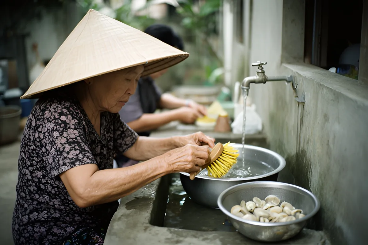 Một phụ nữ đội nón lá đứng rửa vỏ nhum bằng bàn chải dưới vòi nước, bên cạnh là chậu kim loại đựng vỏ đã luộc