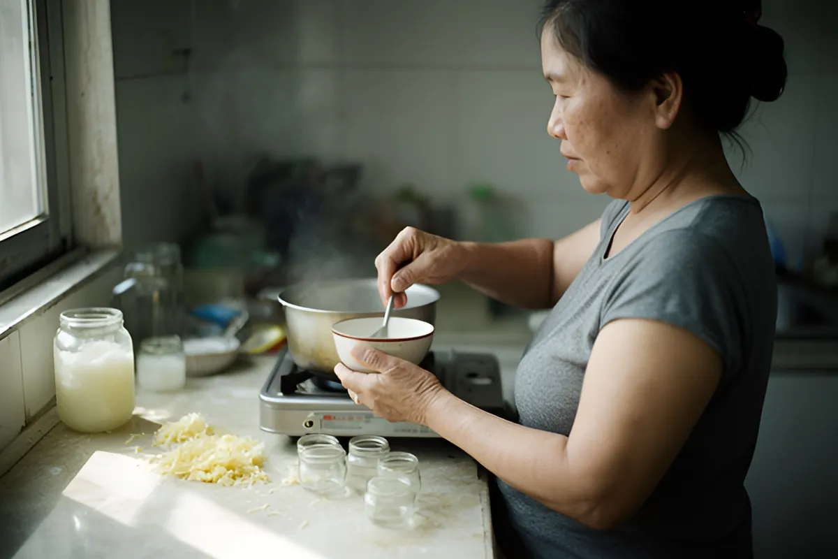 Một phụ nữ trung niên đứng nghiêng bên bếp nhỏ trong bếp gia đình, tay khuấy thìa trong bát đặt trên nồi đang bốc hơi