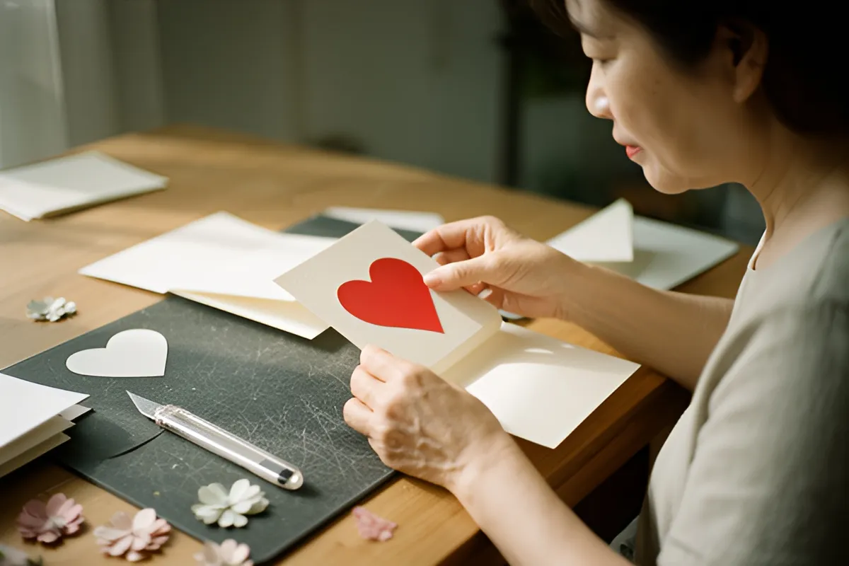 Một phụ nữ ngồi bên bàn gỗ, hai tay cầm tấm thiệp mở có hình trái tim đỏ, quanh đó có dao rọc giấy, tấm lót cắt