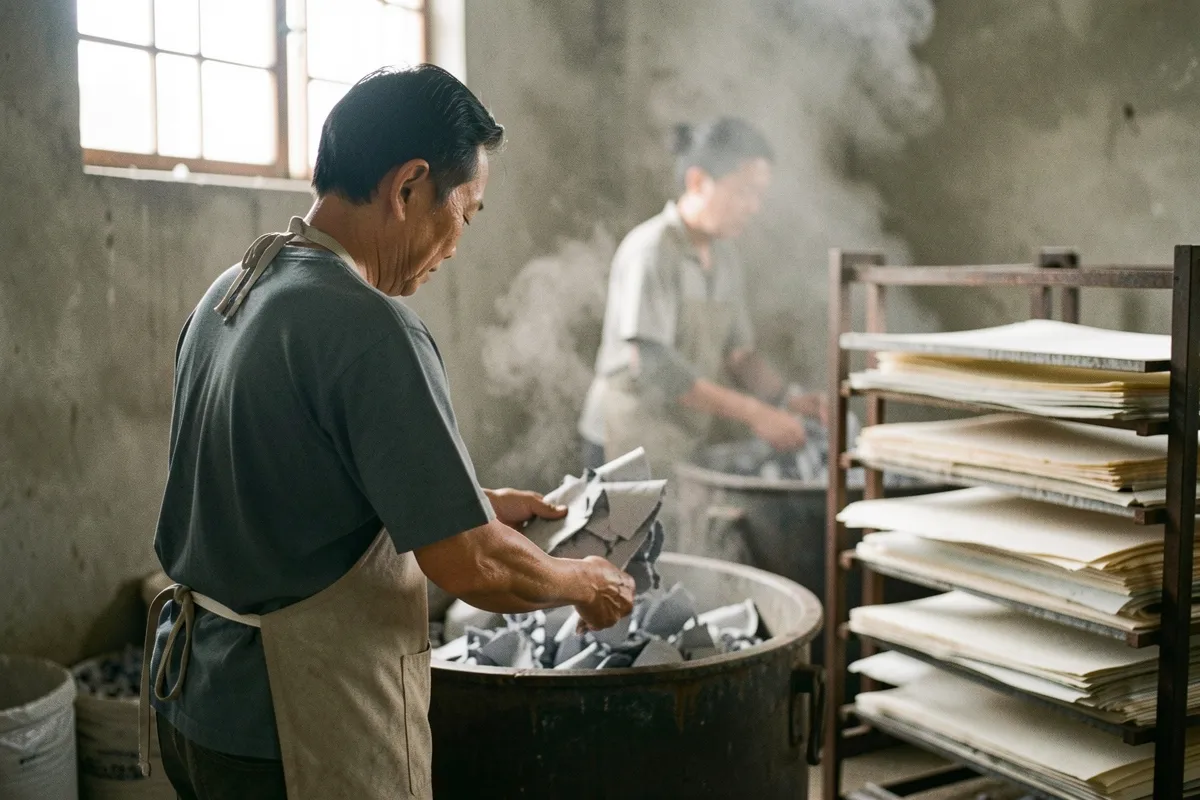 Hai người trong xưởng: một người bóp giấy vụn bỏ vào thùng lớn, người kia đứng gần giàn phơi nhiều tờ giấy