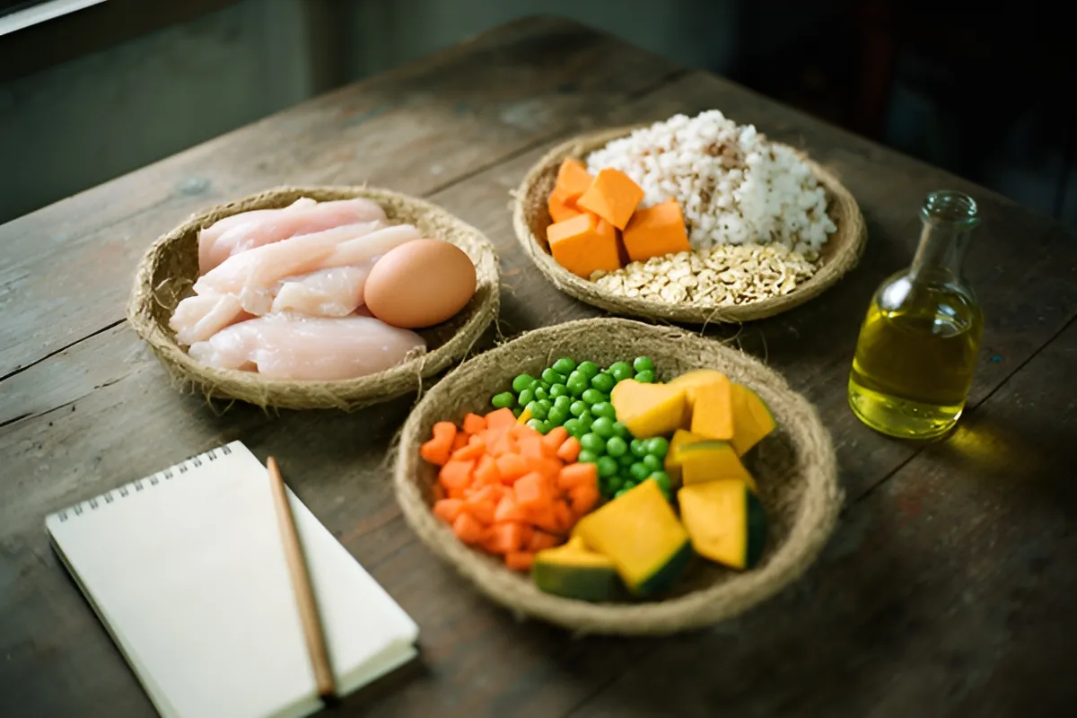 Ba khay đan chứa thịt gà, trứng, gạo, khoai, rau củ cùng chai dầu và sổ bút đặt trên bàn gỗ dưới ánh sáng dịu